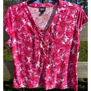 INC Womens Pink Floral Lace-Up Knit Top Size 0X Polyester/Spandex Short Sleeve